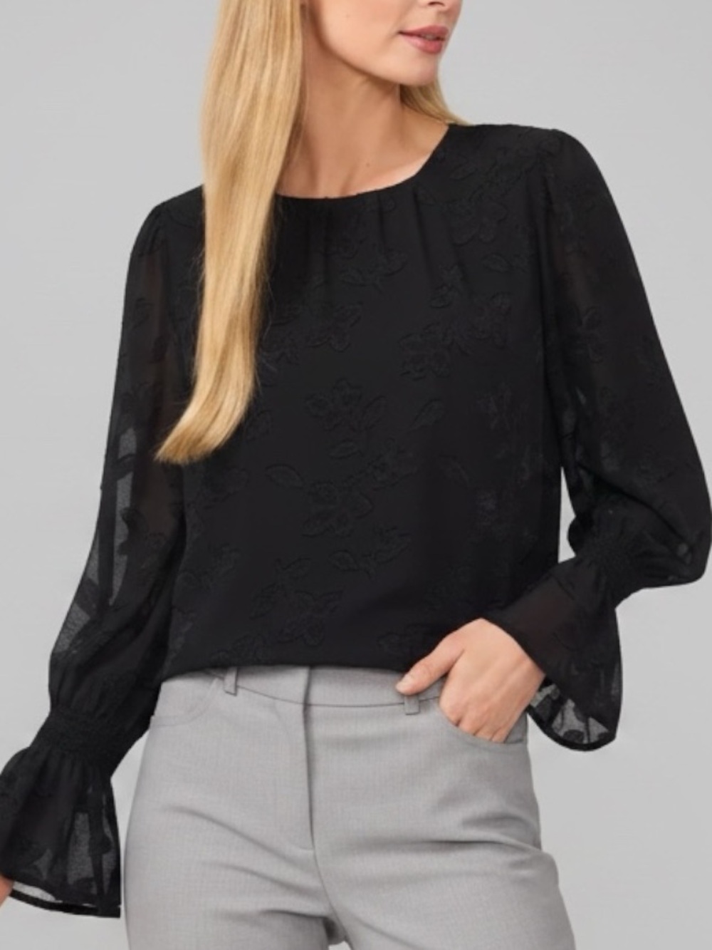 NWT CECE Black Floral Sheer Long Sleeve Ruffle Cuff Blouse Size Large